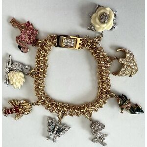 Nolan Miller Charm Bracelet 8 Charms Crystal Enamel Gold Tone 7.5"